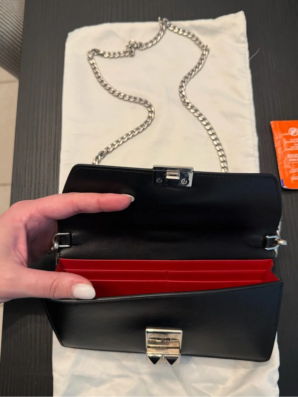 Prada Elektra Black Leather Wallet with Red Stud-Trim and chain, 100% authentic